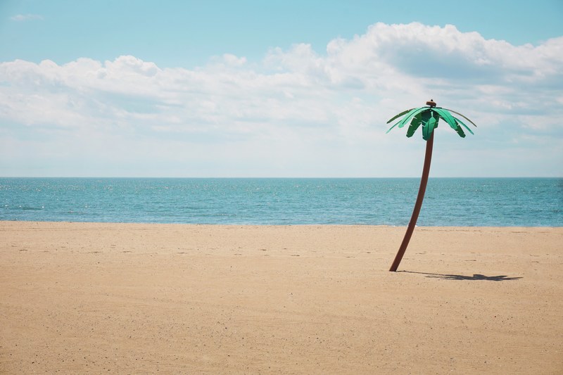 single fake palm tree on a sand beach at coney island, fake palm 4k