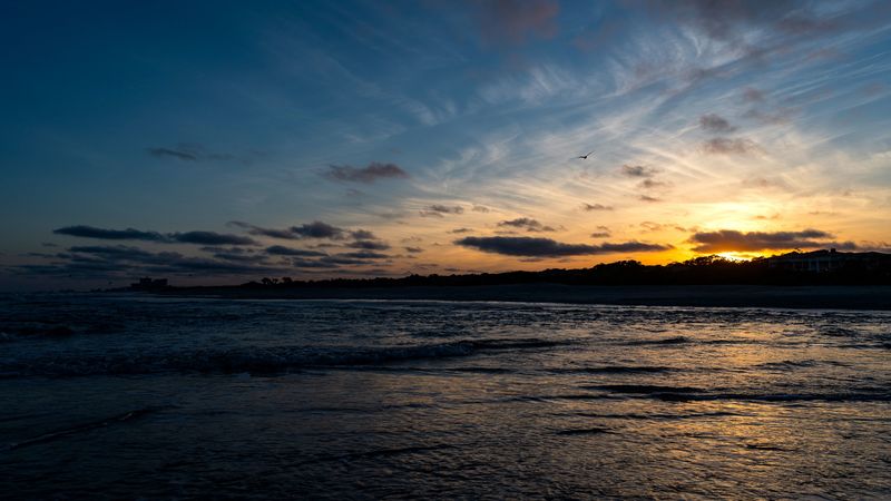 sunset, sea, waves, 4k