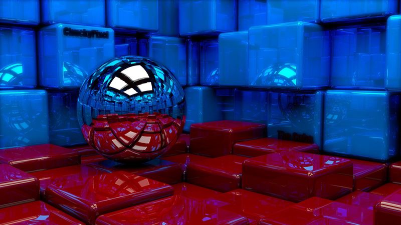 ball, cubes, metal, blue, red, reflection, 4k