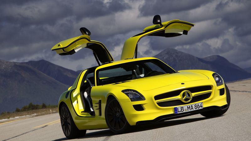 mercedes-benz, yellow, sls, amg, e-cell, coupe, 4k