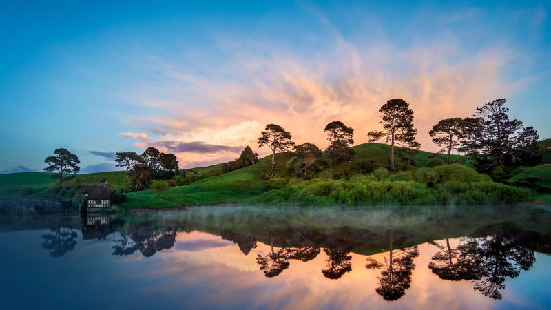 hill, lake, sunset, trees, 4k