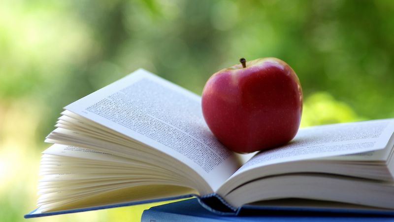 apple, book, reflections, blurring, 4k