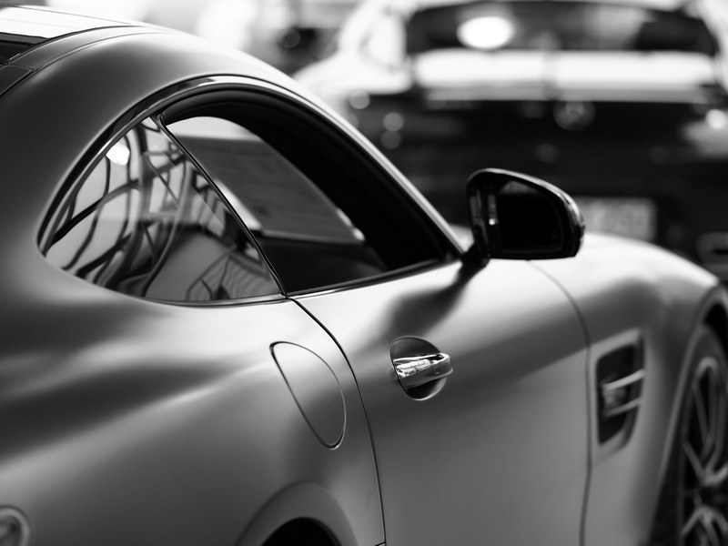 black and white side view of luxury car with side mirrors and passenger door, mercedes amg gt 4k