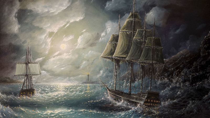 sea, sail, drawing, art, storm, 4k