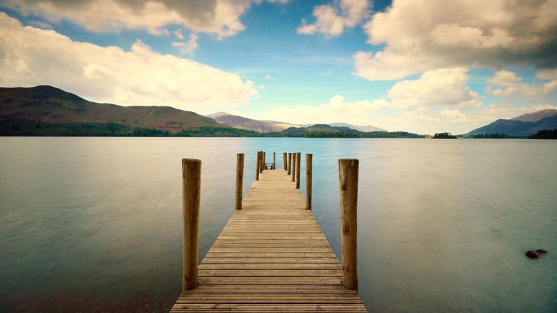 pier, river, mountain, distance, sky, 4k