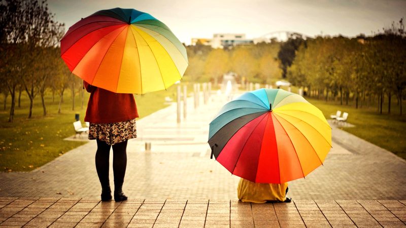 umbrellas, colorful, kids, rainbow, weather, mood, 4k