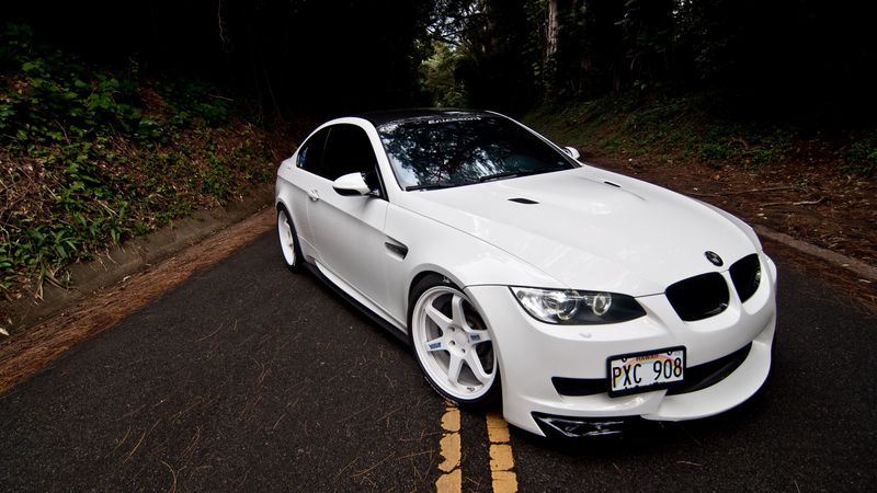 bmw, m3, e92, white, coupe, hood, road, markings, 4k