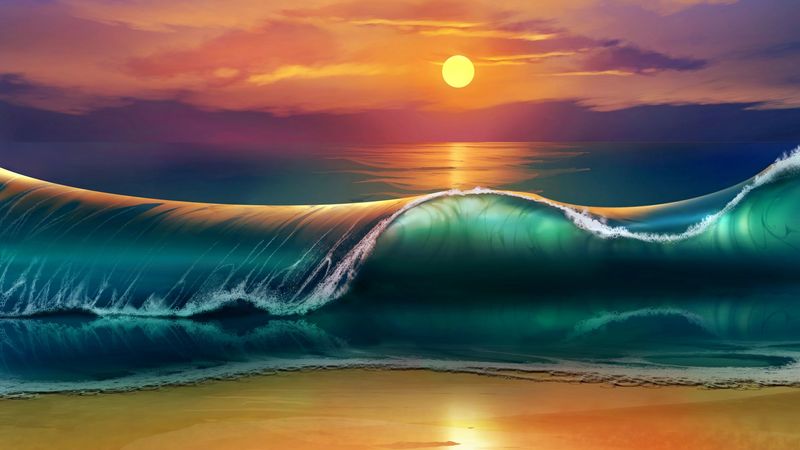 art, sunset, beach, sea, waves, 4k