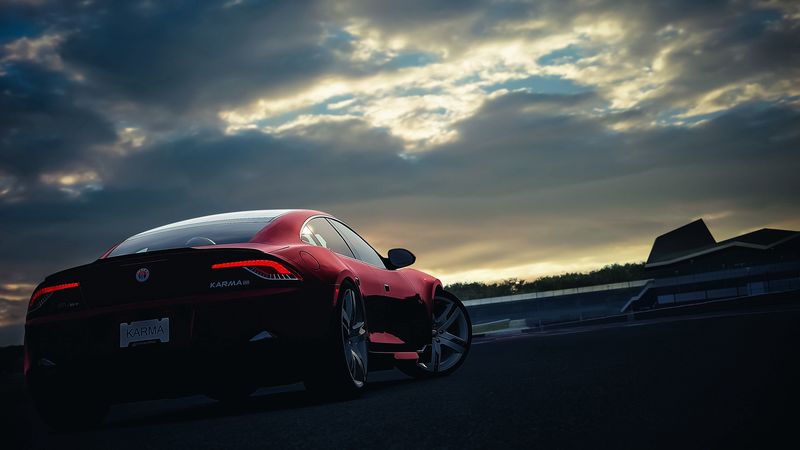 fisker, karma, car, sunset, night, sky, red, 4k