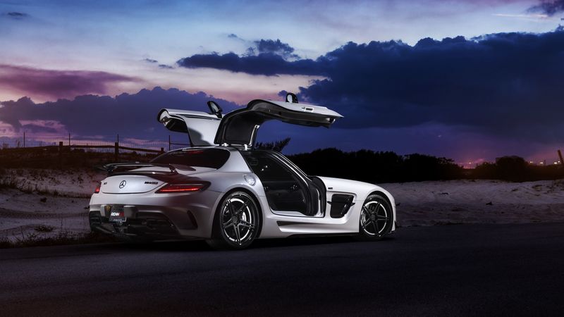 mercedes sls, black series, renntech, night, nature, tuning, 4k