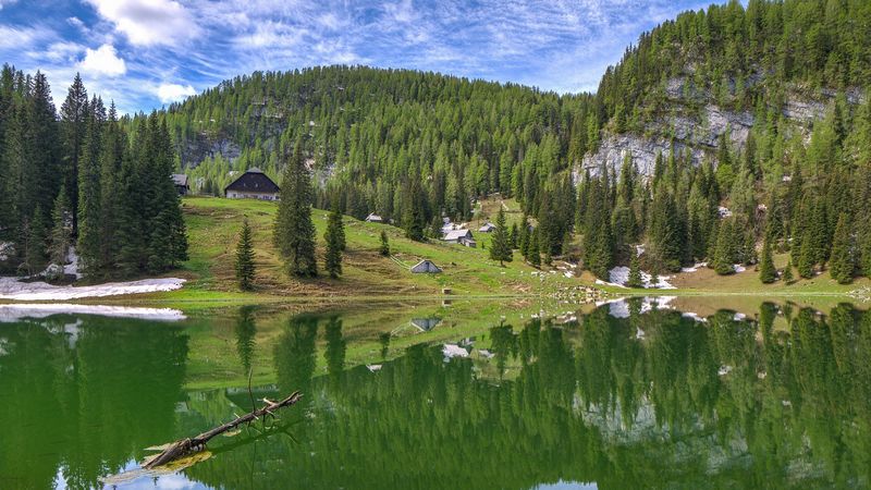 mountains, lake, reflection, trees, 4k