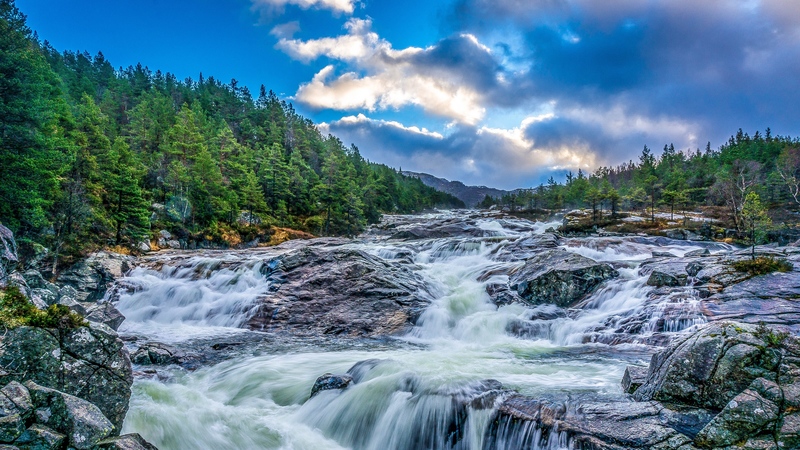 waterfall, stones, rocks, landscape, night, trees, 4k