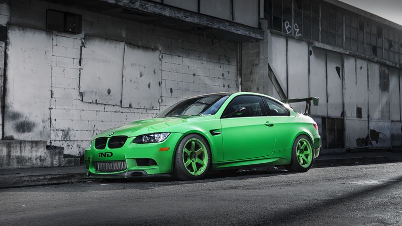 bmw, m3, e92, green, side view, wing, shadow, building, 4k