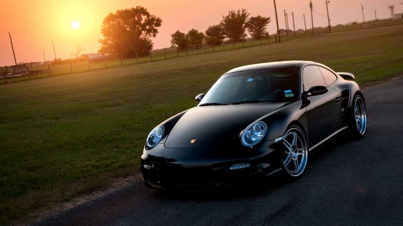 porsche, 911, turbo, 997, black, front, sun, grass, reflections, 4k