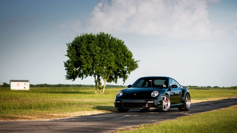 porsche, 911, turbo, 997, black, front, tree, sky, 4k