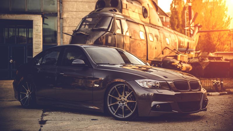 bmw, e90, deep concave, black, helicopter, 4k