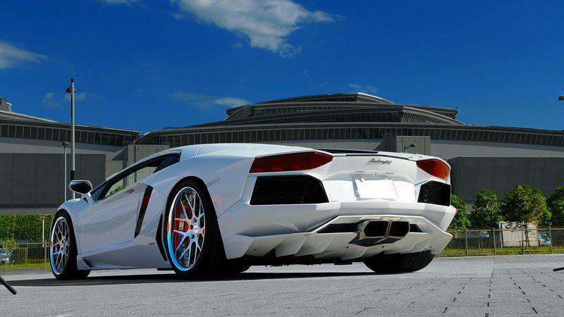 lamborghini, aventador, lp700-4, white, paving tiles, sky, clouds, 4k