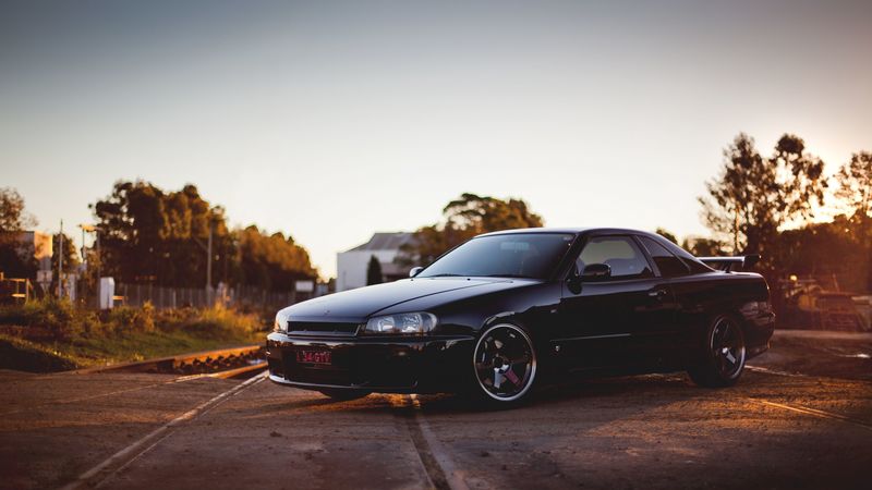 r34, nissan, skyline, railroad, gtr, black, front, 4k
