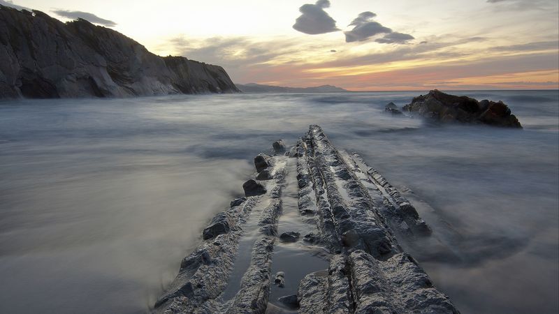 sunset, sea, rocks, landscape, 4k