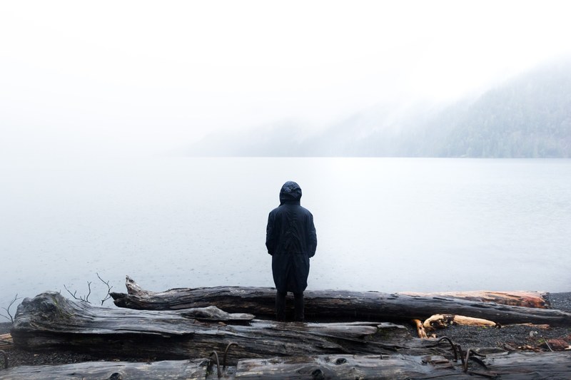 a person staring out into the fog and mountains in washington, rainy day thinking 4k
