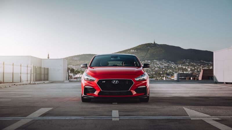 hyundai, car, headlight, front view, red, 4k