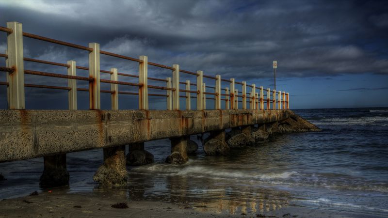 twilight, bridge, beach, landscape, 4k