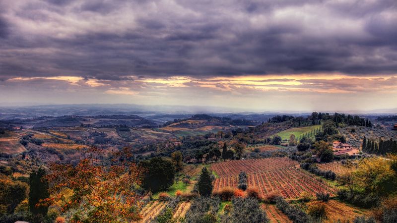 field, sky, sunset, view from the top, landscape, 4k
