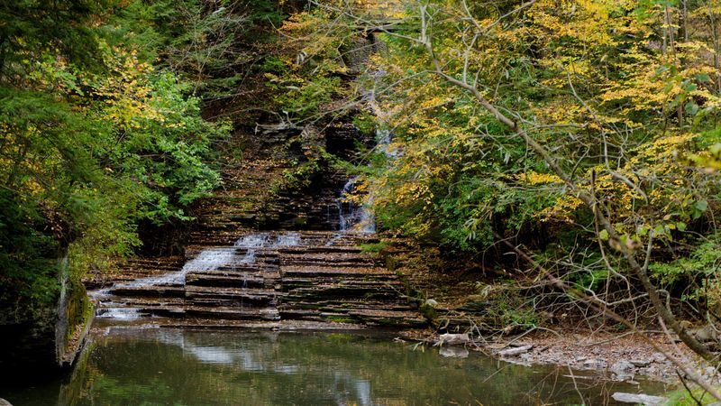 fall, waterfall, rocks, trees, landscape, 4k