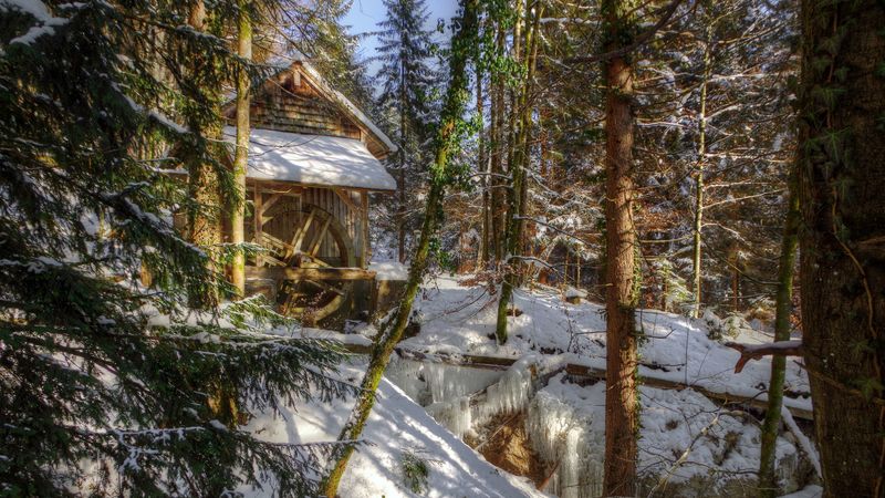 winter, forest, river, mill, landscape, 4k