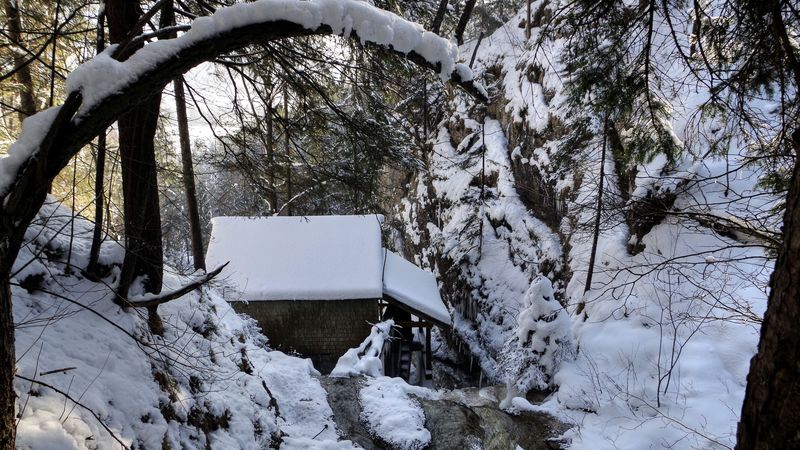 winter, forest, river, mill, landscape, beautifully, 4k