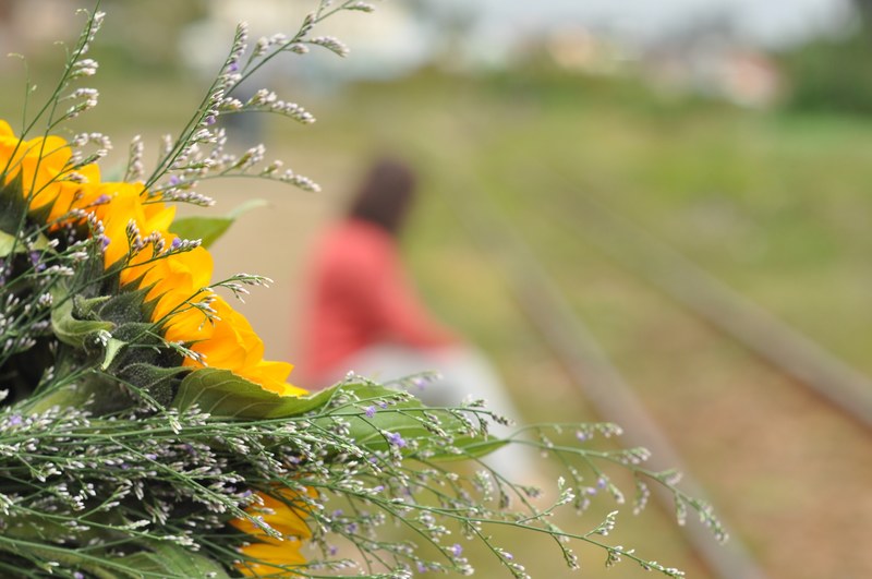 a blurry shot of person sitting down outdoors with a flower bouquet in the foreground, flower bouquet against a blurry silhouette 4k