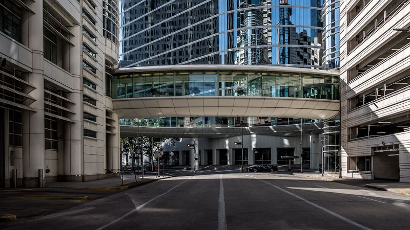 city, road, buildings, modern, reflection, 4k