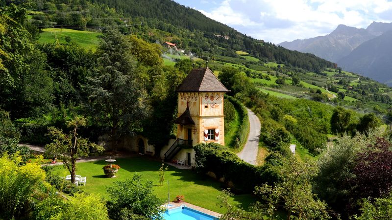house, swimming pool, mountain, top view, landscape, 4k