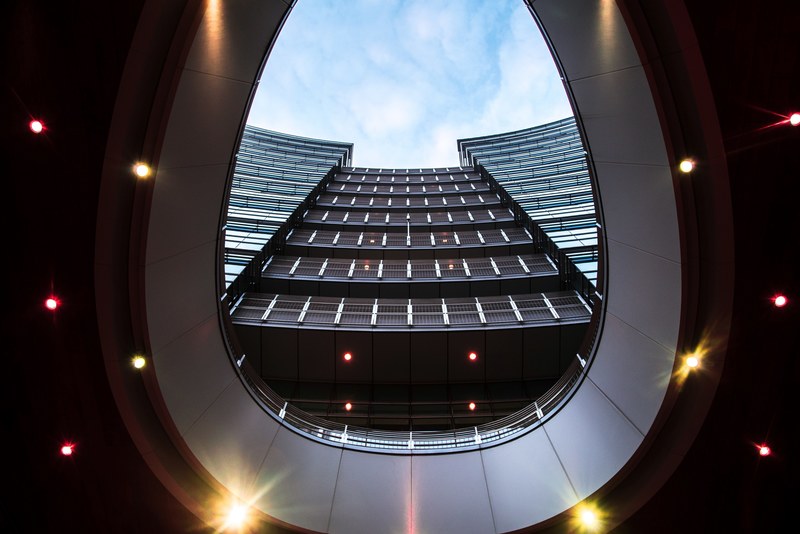 office building through the oval window 4k