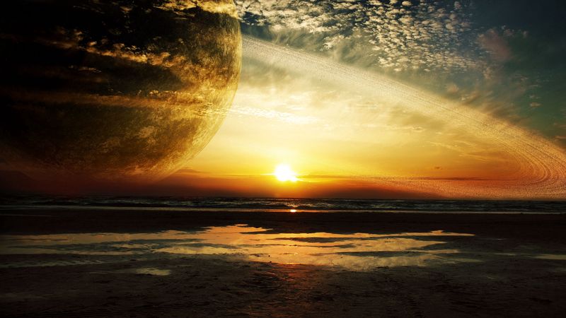 sunset, sea, rings, planet, 4k