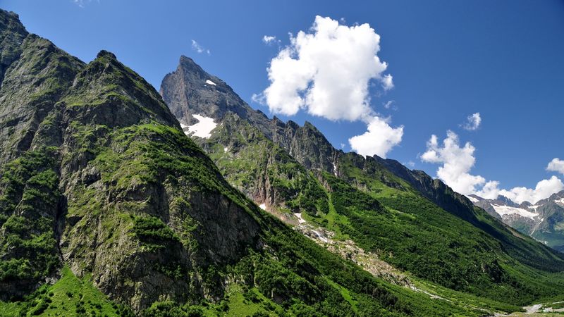 mountains, sky, grass, caucasus, nature, 4k