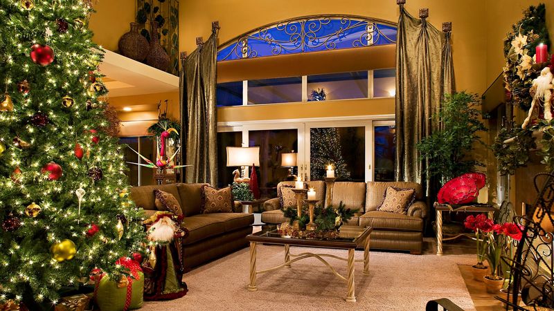 holiday, christmas tree, new year, christmas, decorations, santa claus, santa, gifts, room, interior, style, design, furniture, candles, window, reflection, new years interior, tree, 4k