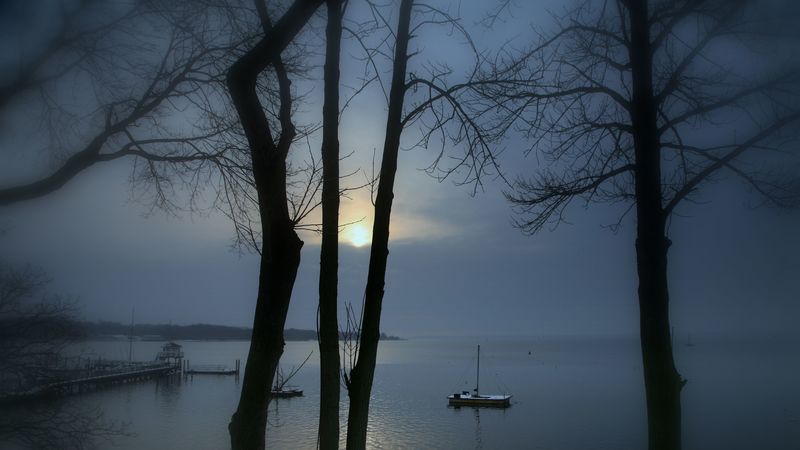 sunset, lake, mist, landscape, 4k