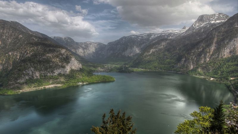 mountain, lake, city, landscape, 4k