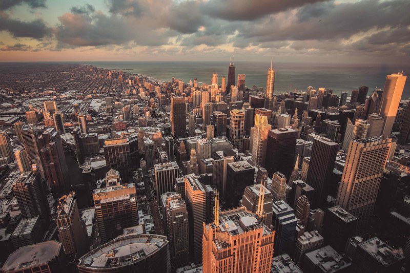 the skyline of chicago and the vast michigan lake at sunset, chicago ii 4k