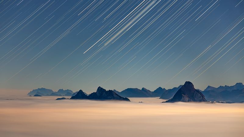 rocks, starfall, fog, 4k