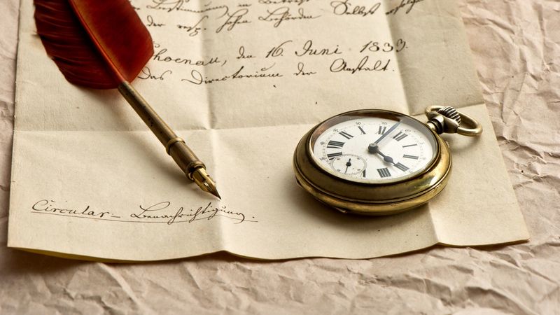 clock, letter, paper, ink, pen, feather, 4k