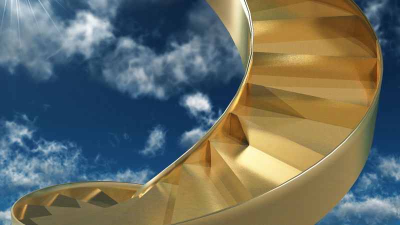 stairs, spiral, gold, sky, 4k