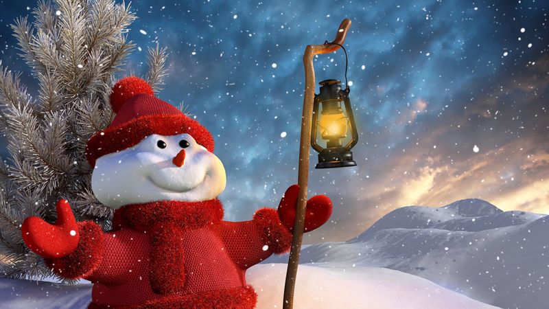 snowman, staff, lantern, 3d graphics, winter, snow, mountains, tree, 4k