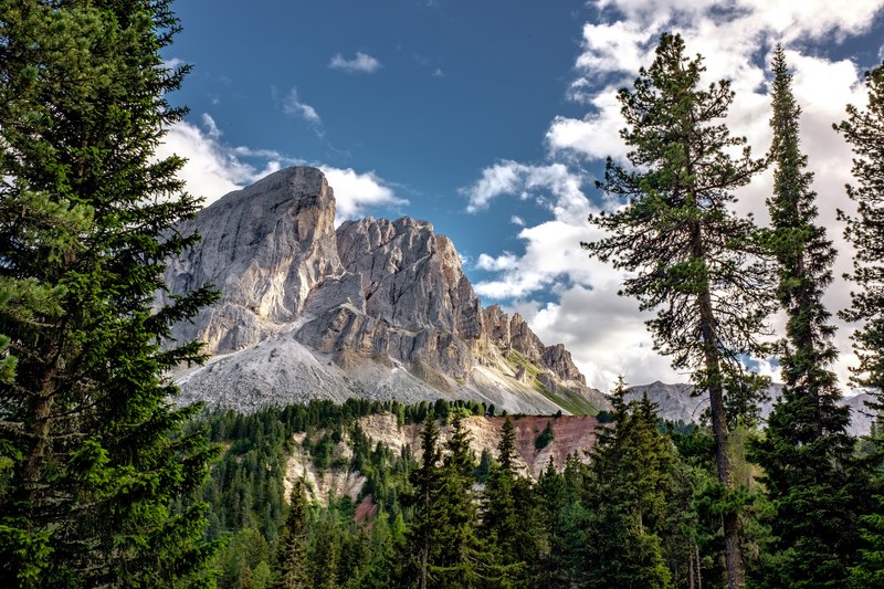 jagged mountain crest with a green forest at its base, south tyrol mountain crest 4k
