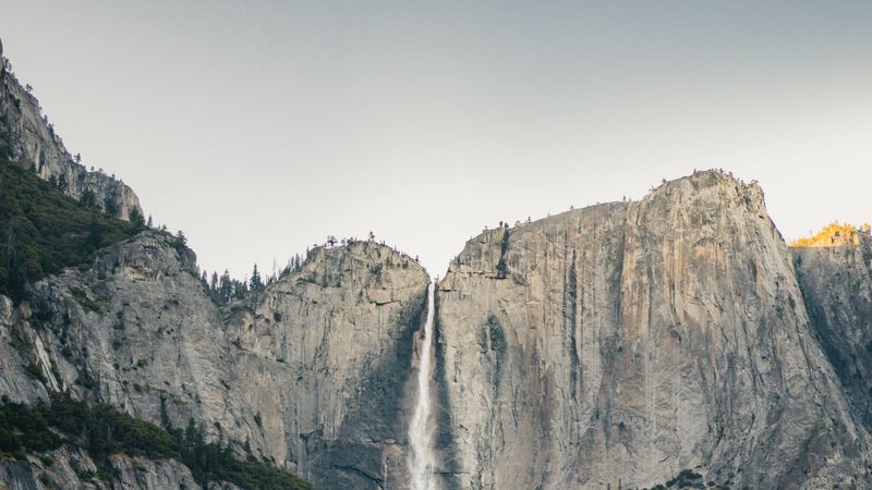 waterfall, rocks, grass, cliff, 4k