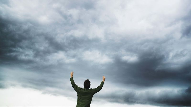 sky, clouds, lightning, man, hands, 4k