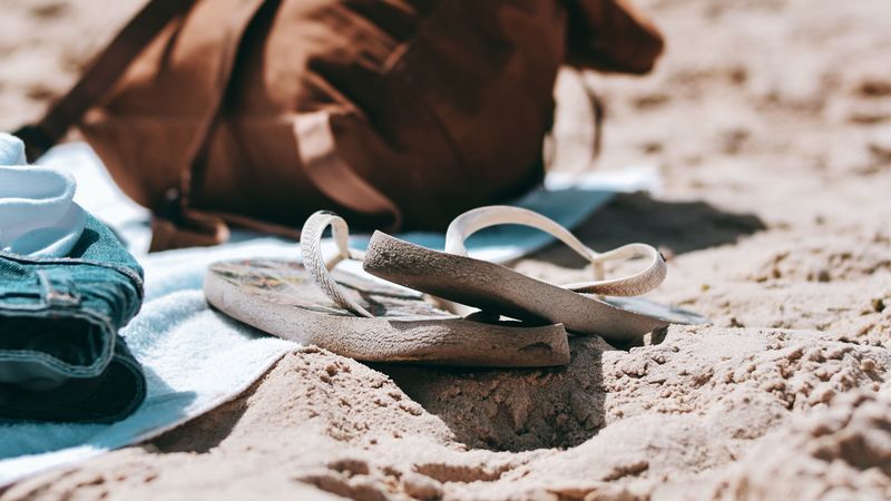 flip-flops, briefcase, beach, sand, 4k
