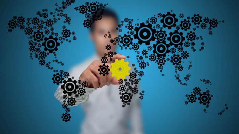 mechanism, system, gears, planet, map, man, hands, 4k