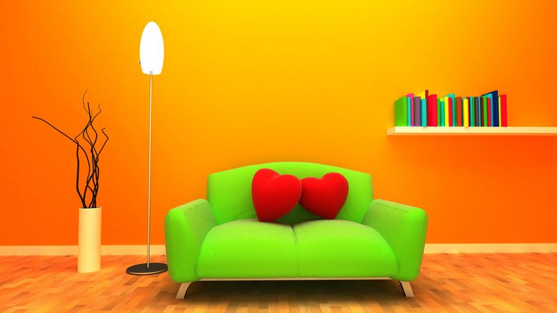 sofa, heart, room, 3d graphics, orange background, 4k